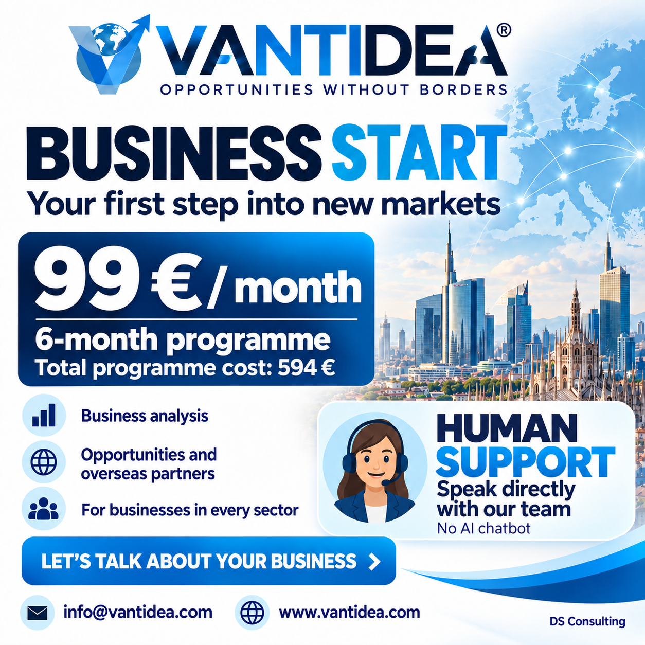 VANTIDEA BUSINESS START — 99 € per month for 6 months. Total programme cost: 594 €.