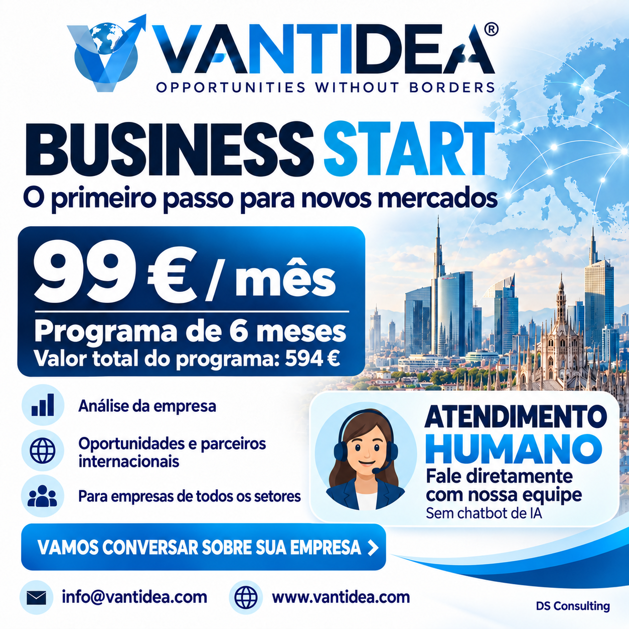 VANTIDEA BUSINESS START — 99 € por mês durante 6 meses. Valor total do programa: 594 €.